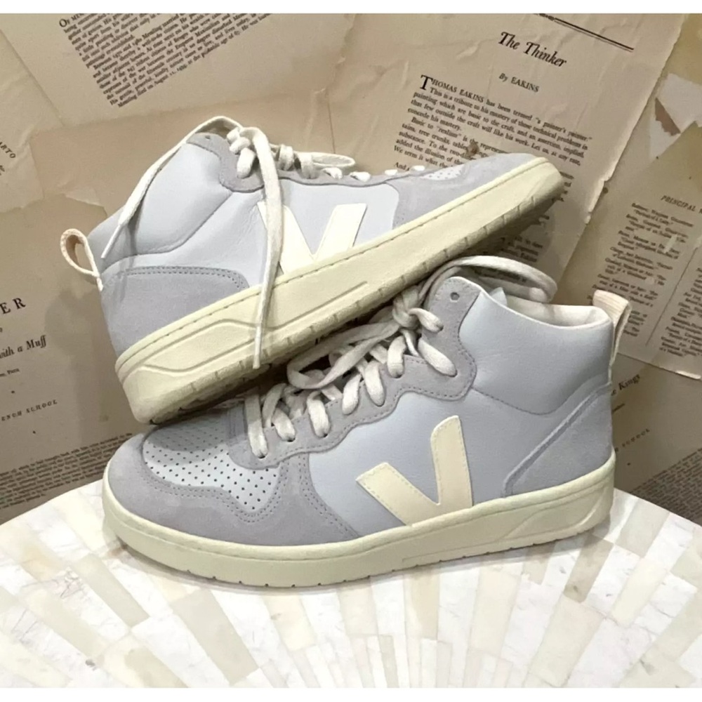 Anthropologie Veja V-15 Mid Top Sneakers Light Blue Grey Ivory Leather - Picture 8 of 9